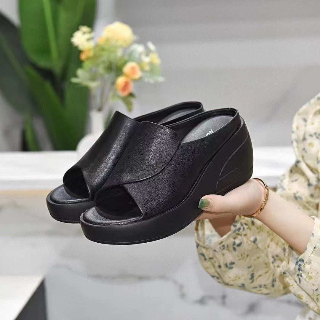 Sandales Compensées en Cuir Souple Véritable