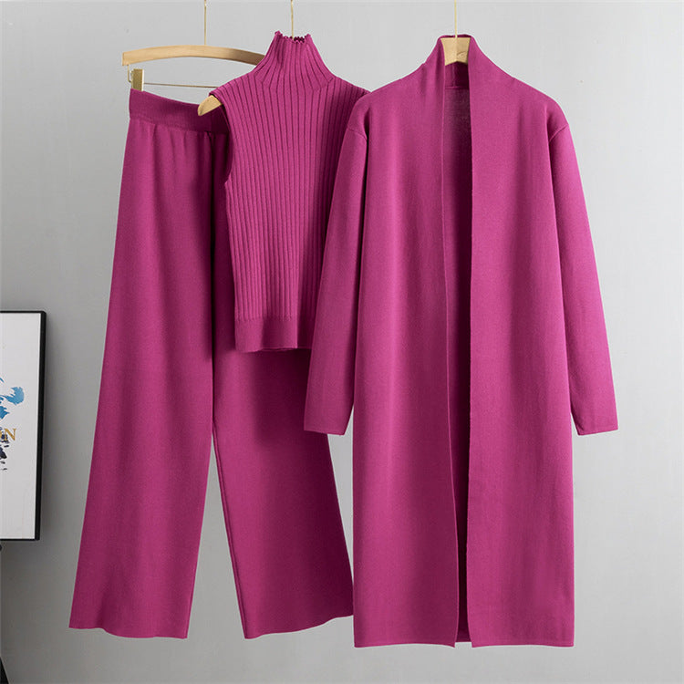 Ensemble Tricot 3 Pièces Gilet, Cardigan Long & Pantalon Wide-Leg