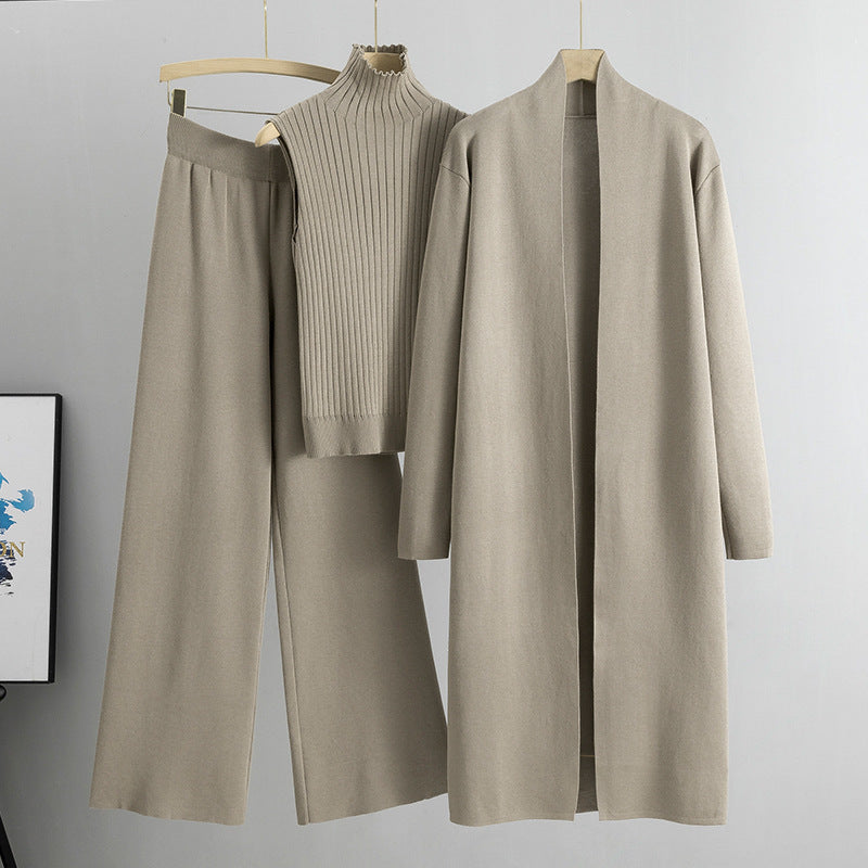 Ensemble Tricot 3 Pièces Gilet, Cardigan Long & Pantalon Wide-Leg