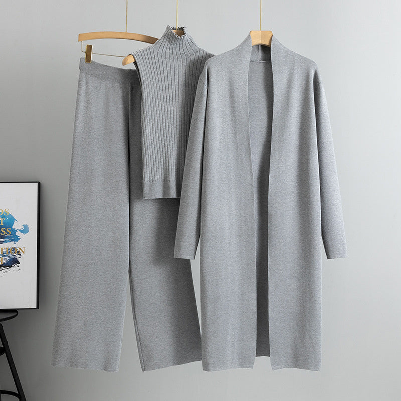 Ensemble Tricot 3 Pièces Gilet, Cardigan Long & Pantalon Wide-Leg