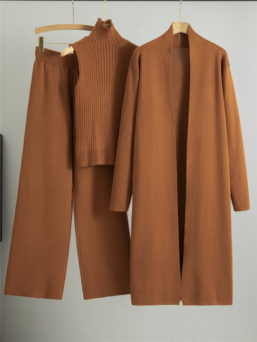 Ensemble Tricot 3 Pièces Gilet, Cardigan Long & Pantalon Wide-Leg