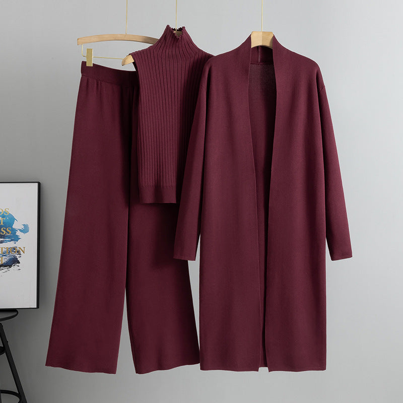 Ensemble Tricot 3 Pièces Gilet, Cardigan Long & Pantalon Wide-Leg