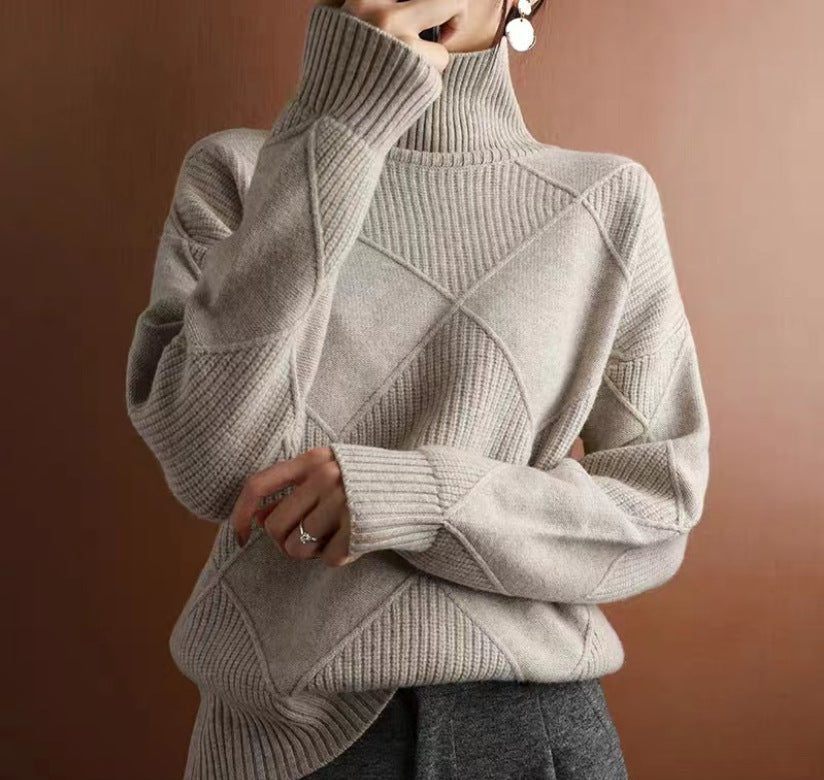 Pull Col Roulé à Motif Losange Texturé