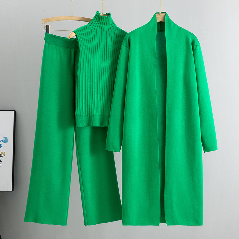 Ensemble Tricot 3 Pièces Gilet, Cardigan Long & Pantalon Wide-Leg