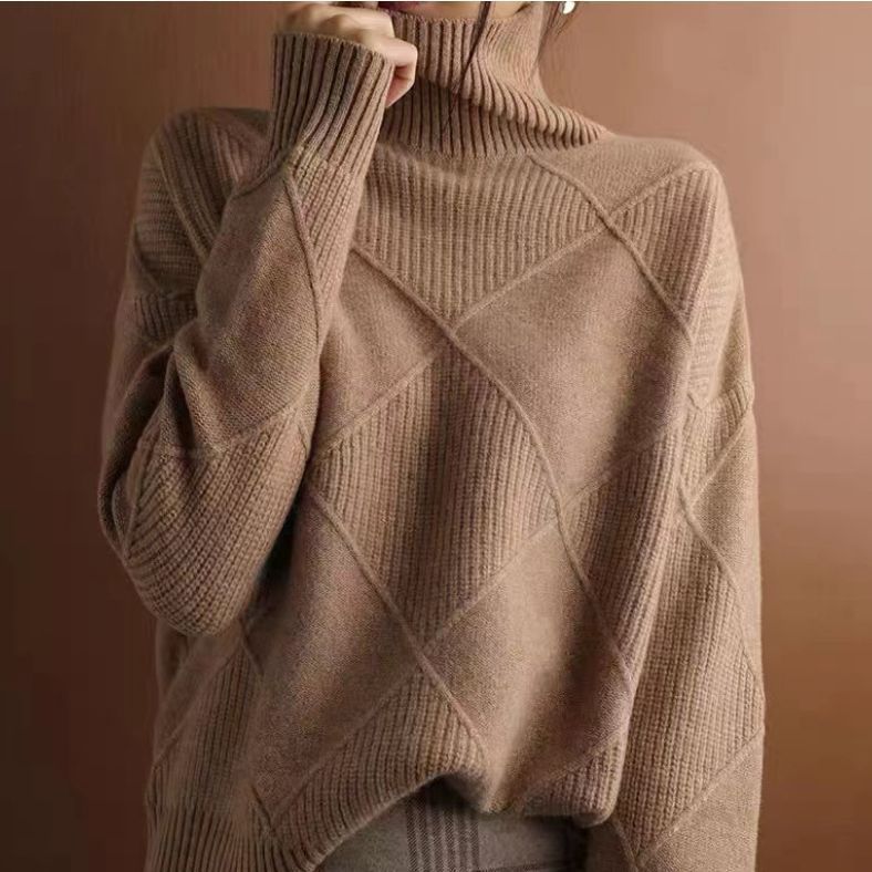 Pull Col Roulé à Motif Losange Texturé