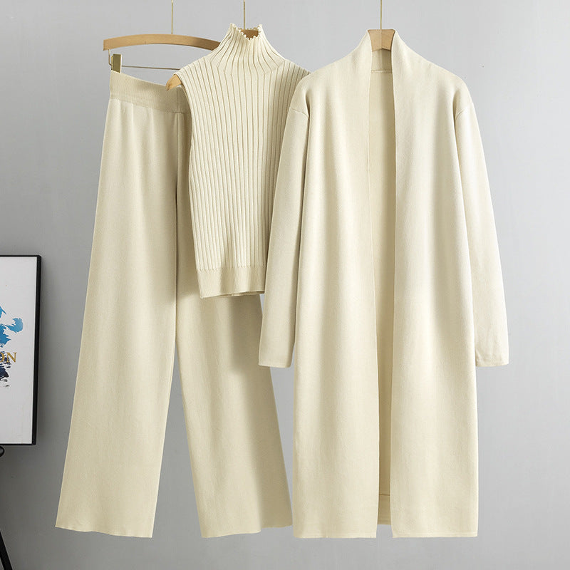Ensemble Tricot 3 Pièces Gilet, Cardigan Long & Pantalon Wide-Leg