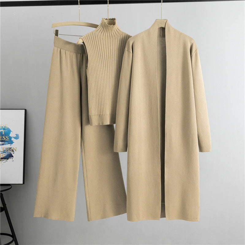 Ensemble Tricot 3 Pièces Gilet, Cardigan Long & Pantalon Wide-Leg